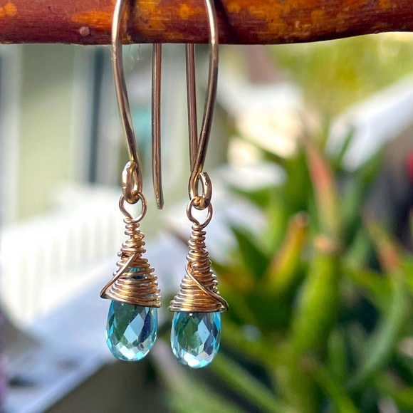 Aquamarine Quartz Crystal Earrings Artisan Designed 14k Gold Filled Wire - Picture 4 of 17